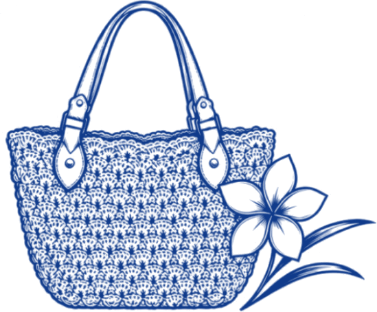 Strichzeichnung einer gehäkelten Tote mit Lederhenkeln und einer Frangipani-Blüte, aus dem Joysabai-Logo